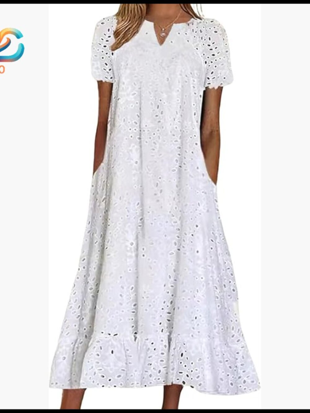 Summer Midi Dress with Floral Lace Eyelet Ruffle Hem and Pockets